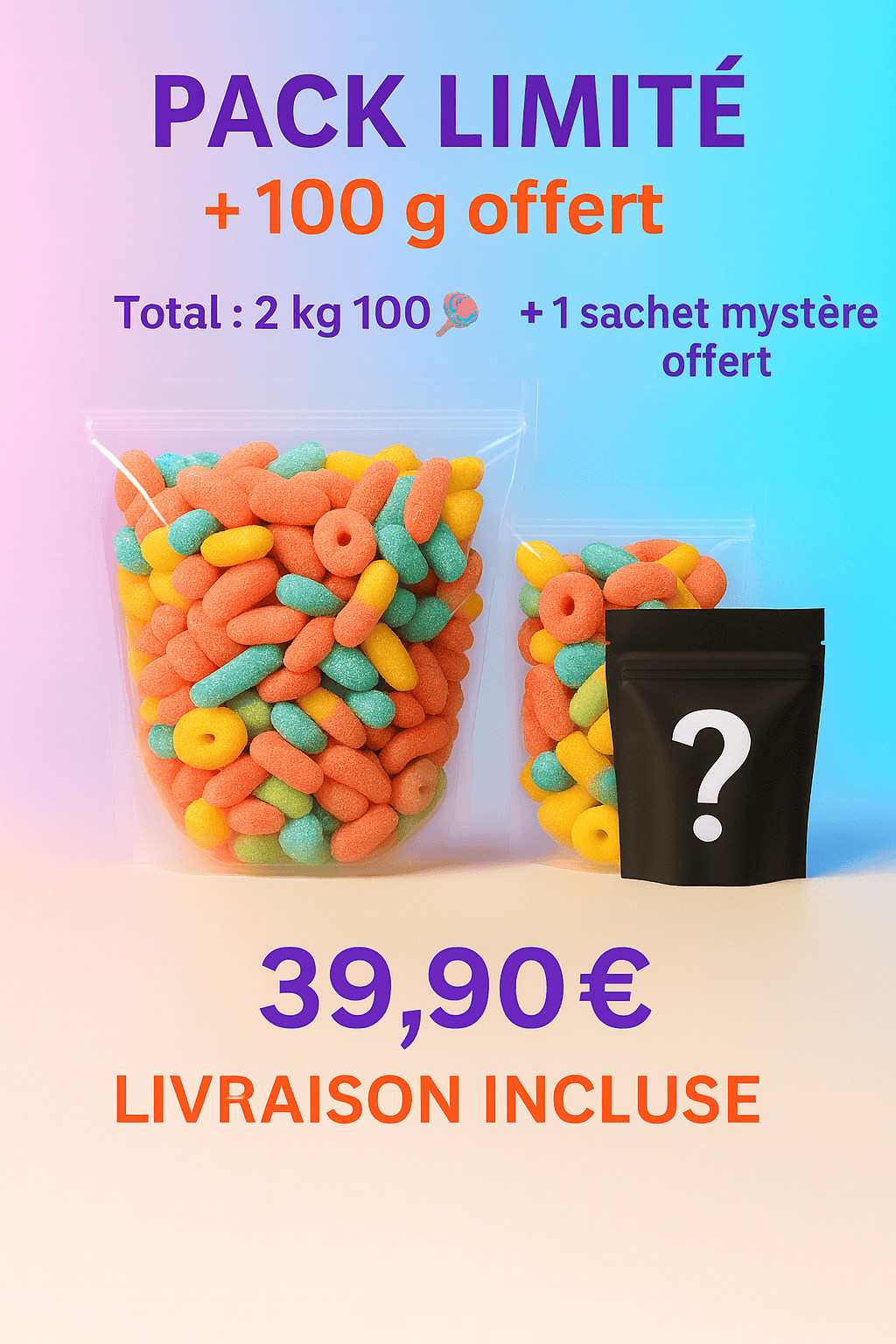 🎁 PACK LIMITÉ – 2,1 kg de bonbons 🍬 + Sachet mystère offert 🎉 – Livraison point relais incluse
